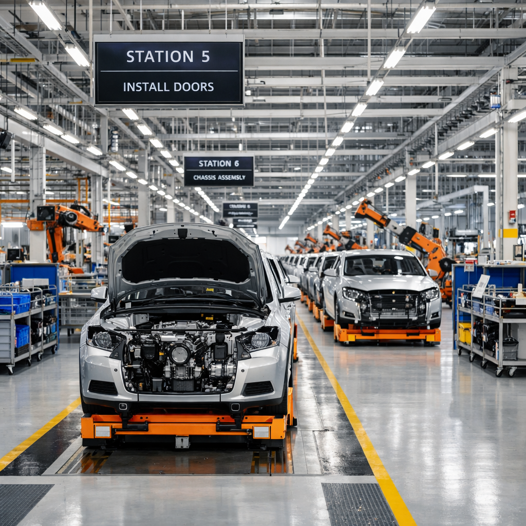 Clean automotive manufacturing floor with organized production line-1
