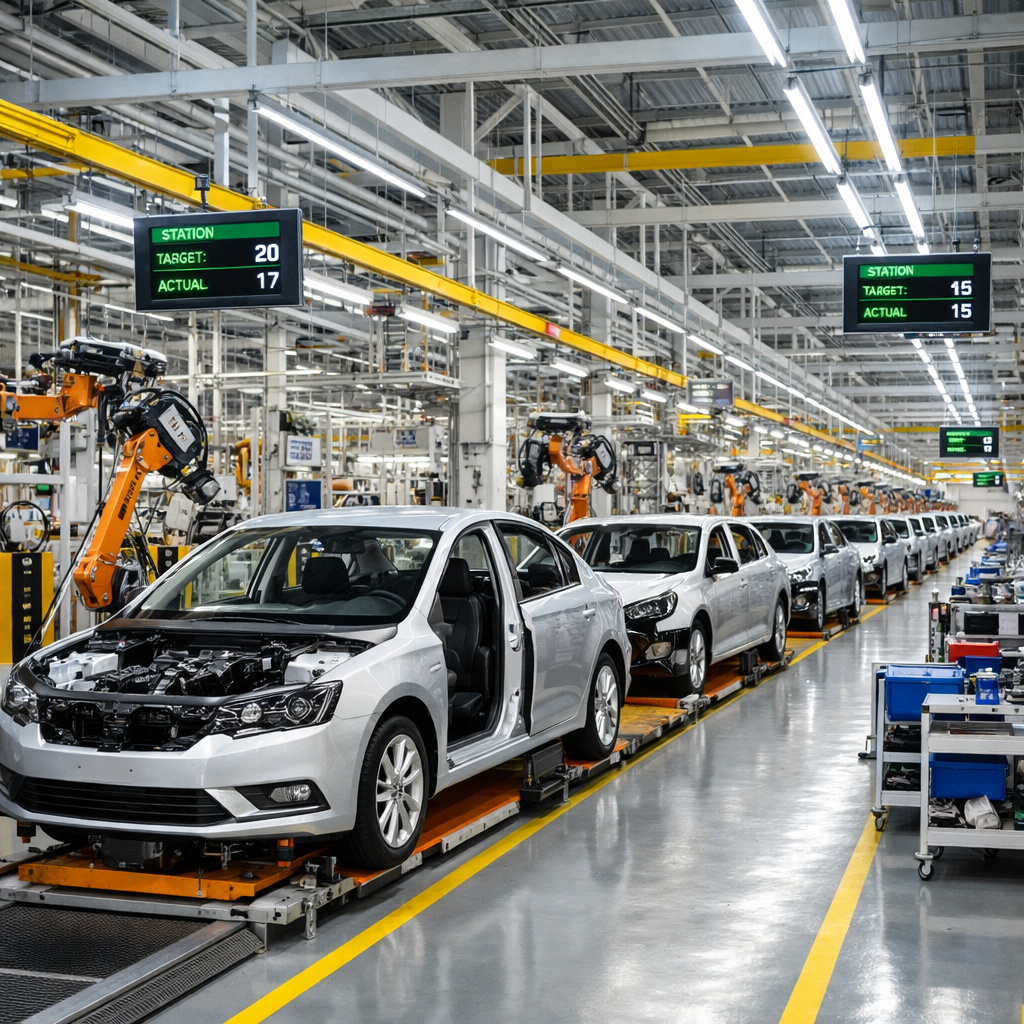 Clean automotive manufacturing floor with organized production line-2