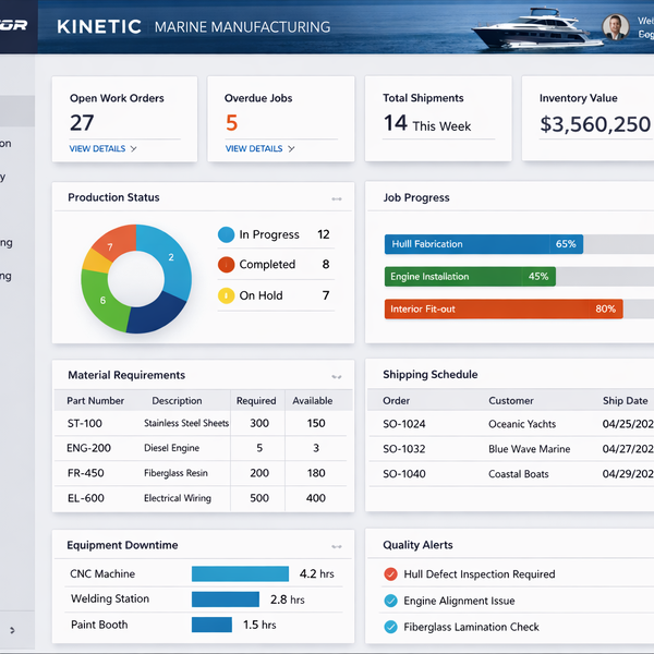 Clean dashboard interface showing Epicor Kinetic ERP system for marine manufacturing operations-1-1