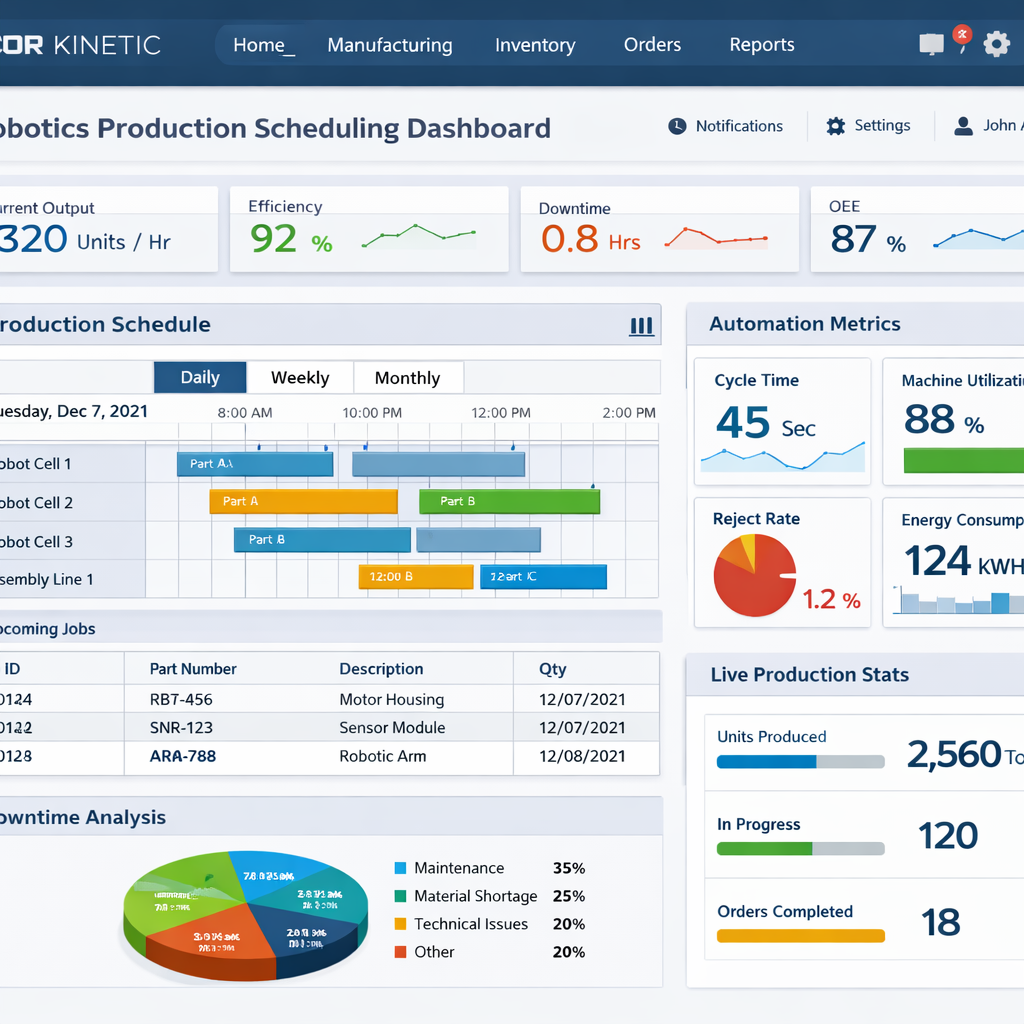Epicor Kinetic ERP dashboard displaying clean robotics production scheduling interface with realtime automation metrics-1