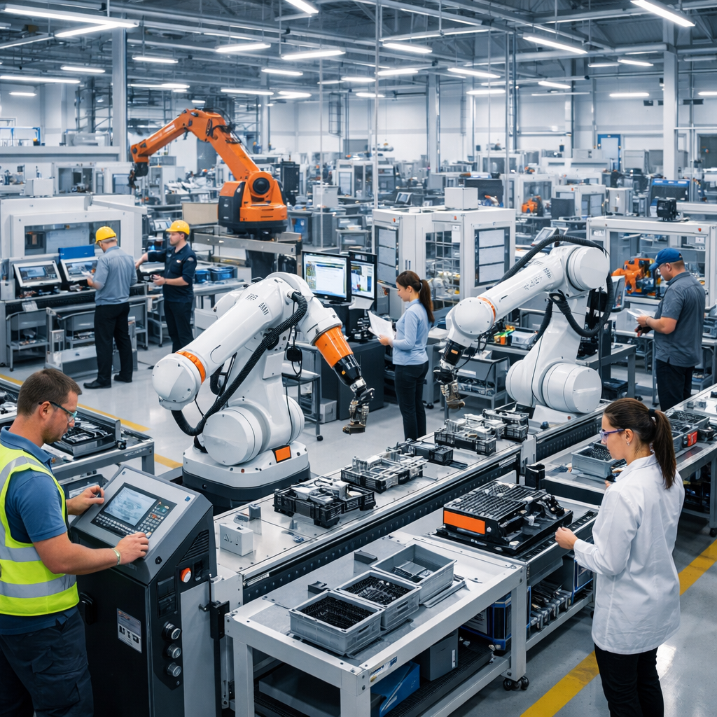Modern robotics and automation manufacturing facility with an organized production floor with people-1
