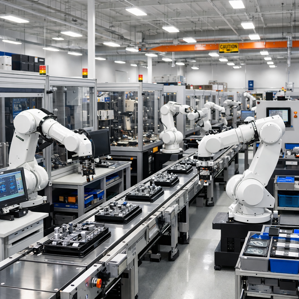 Modern robotics and automation manufacturing floor with clean organized production line