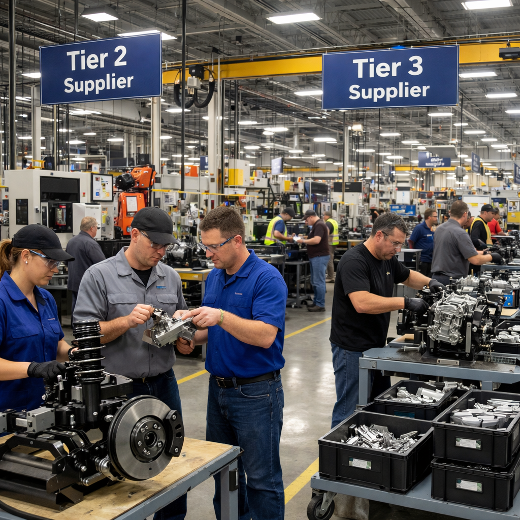 Tier 2 and Tier 3 automotive manufacturing facility with an organized production floor with people