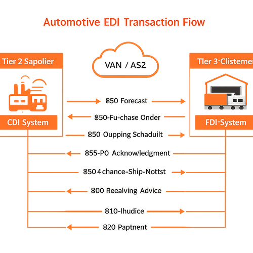 clean diagram showing automotive EDI transaction flow between Tier 2 supplier and Tier 3 customer using our orange color-1-1