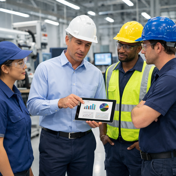 engineer reviewing production data with manufacturing team on clean factory floor-1-1
