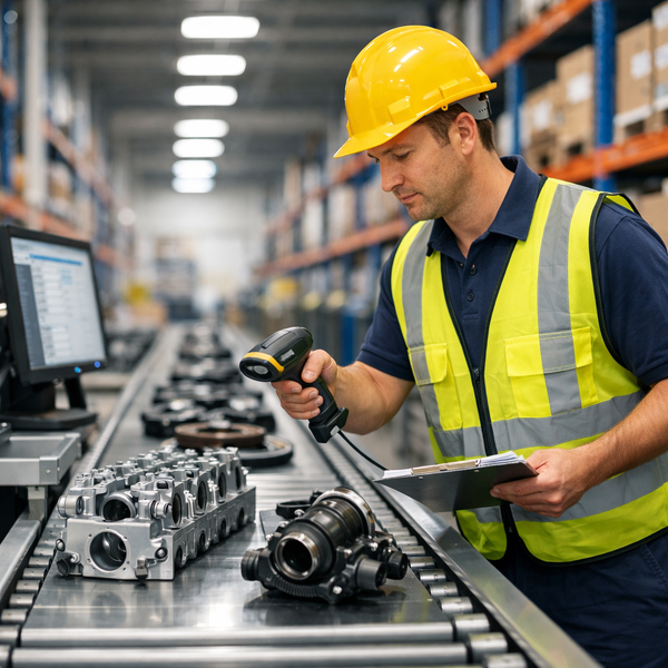 worker scanning automotive parts on a clean warehouse conveyor system-1